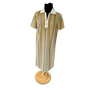 Vintage 70s Rainbow Pink Green Striped Whimsy Shift Dress Small Med Retro Whimsy